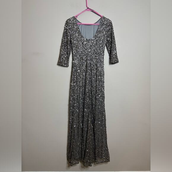 NWT Adrianna Papell 3/4 Sleeve Scoop Back Beaded Long Dress Silver Gray Size 0 - Picture 5 of 9
